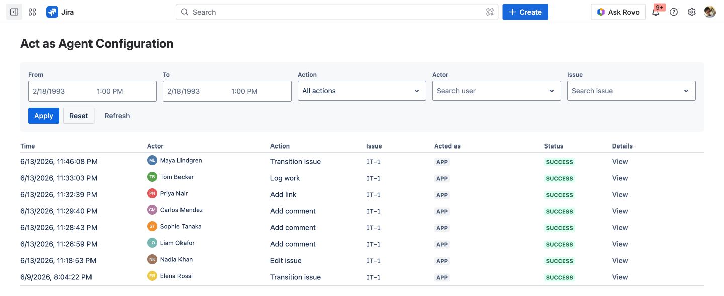 The Proxy Agent audit log listing actions with columns for Actor, Action, Issue, Acted as, and Status