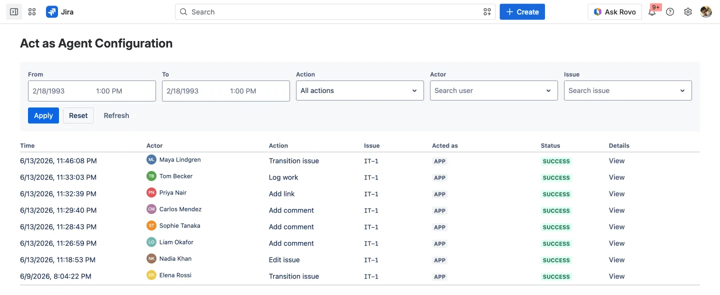 The Proxy Agent audit log listing actions with columns for Actor, Action, Issue, Acted as, and Status