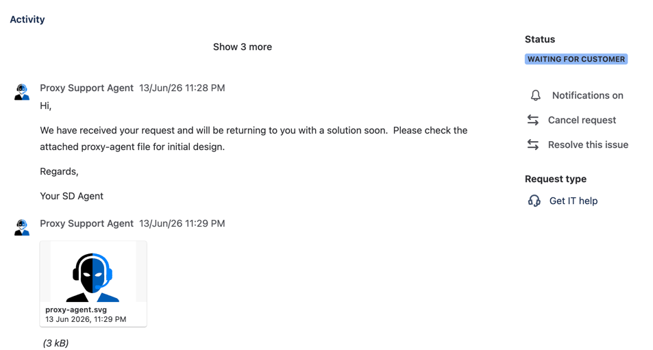 A JSM ticket's activity feed where the comments are authored by 'Proxy Support Agent' rather than the real user
