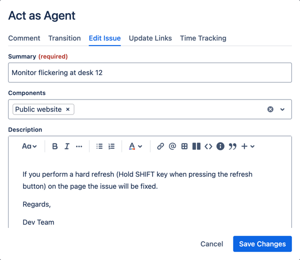 The Act as Agent modal showing Comment, Transition, Edit Issue, Update Links, and Time Tracking tabs, here editing an issue's Summary, Components, and Description