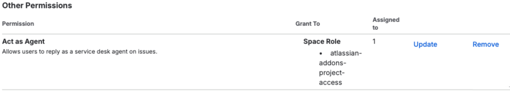 A Jira permission scheme showing the 'Act as Agent' permission under the Other category