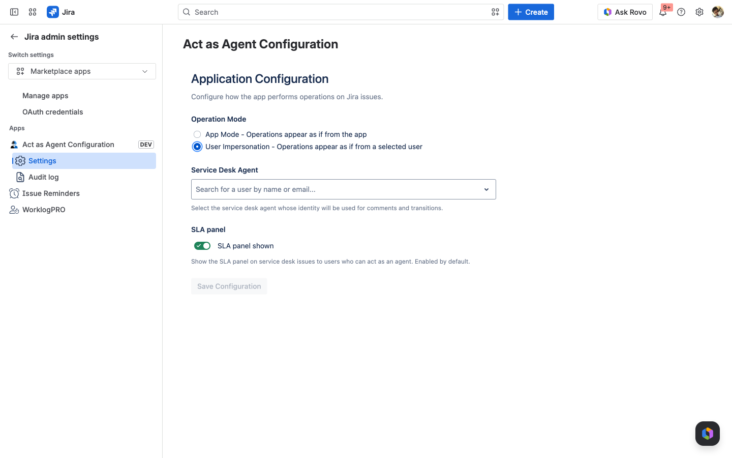 The Act as Agent Configuration settings page with an Operation Mode choice between App Mode and User Impersonation, and a service desk agent picker
