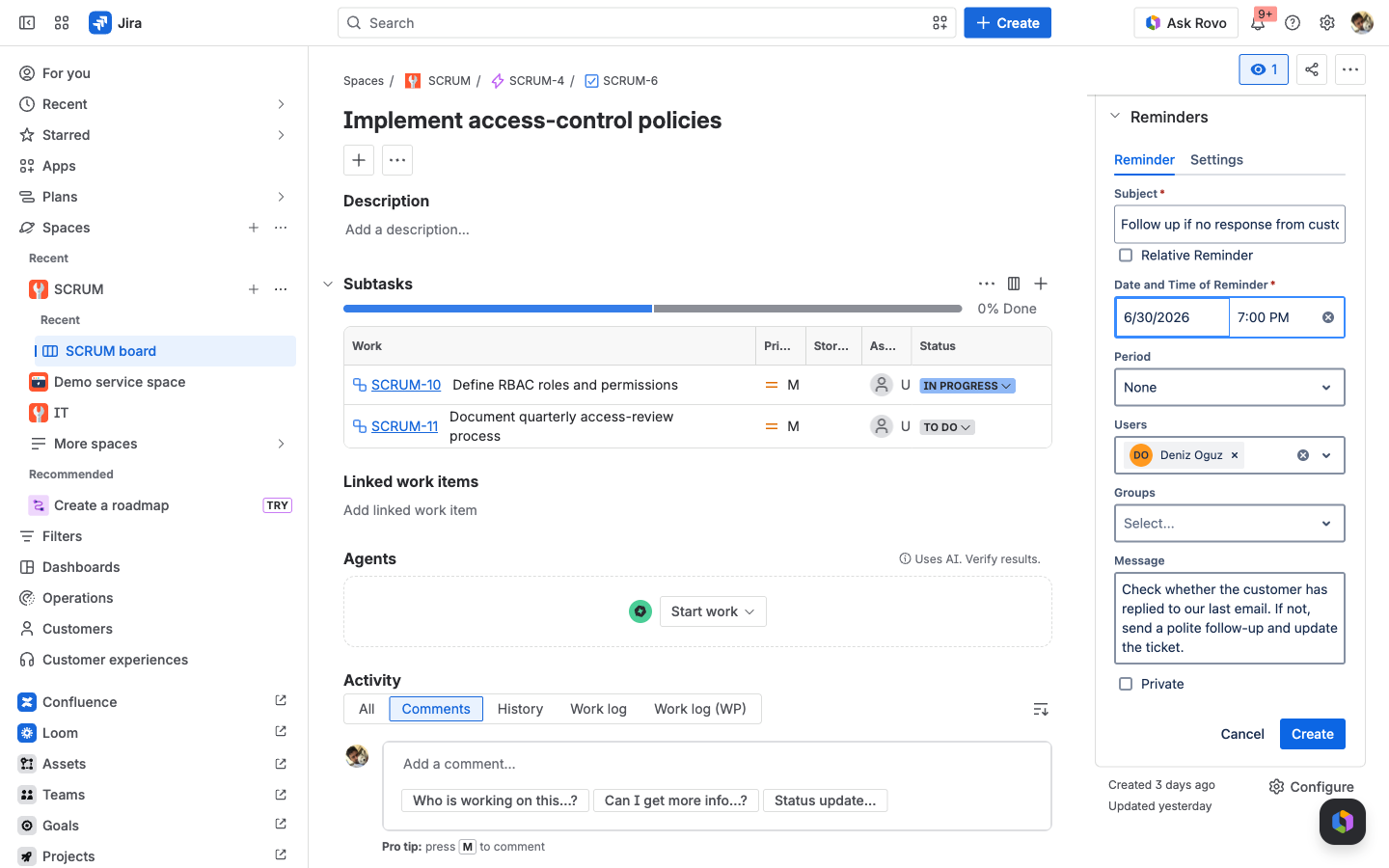 The create reminder form with Subject, Date and Time, Period, Users, Groups, Message, and Private fields