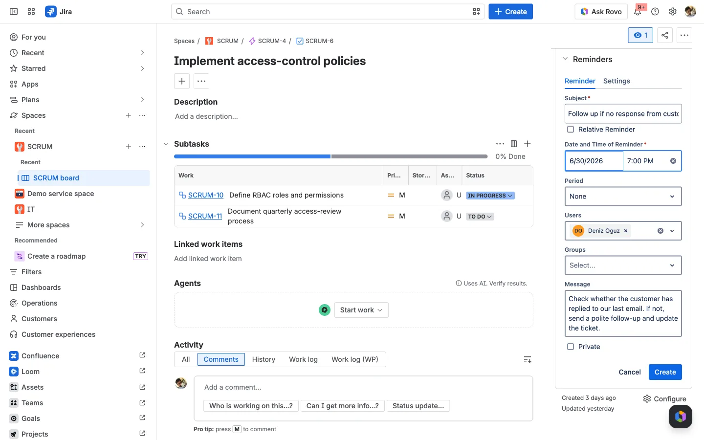 The create reminder form with Subject, Date and Time, Period, Users, Groups, Message, and Private fields