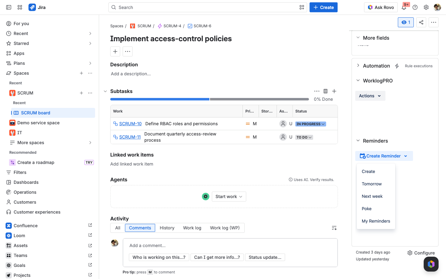 The Reminders section on a Jira issue with the Create Reminder dropdown showing Create, Tomorrow, Next week, Poke, and My Reminders