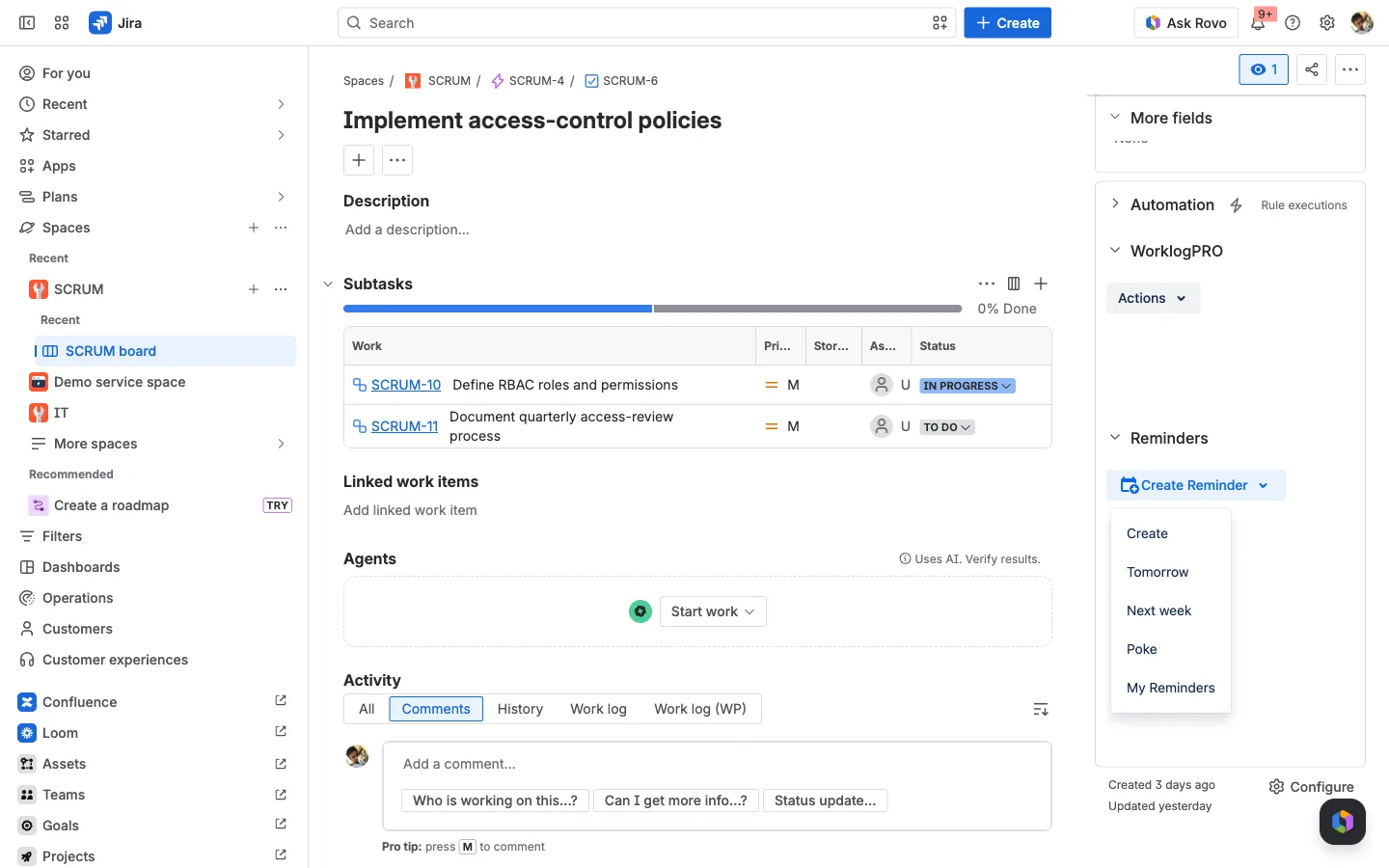 The Reminders section on a Jira issue with the Create Reminder dropdown showing Create, Tomorrow, Next week, Poke, and My Reminders