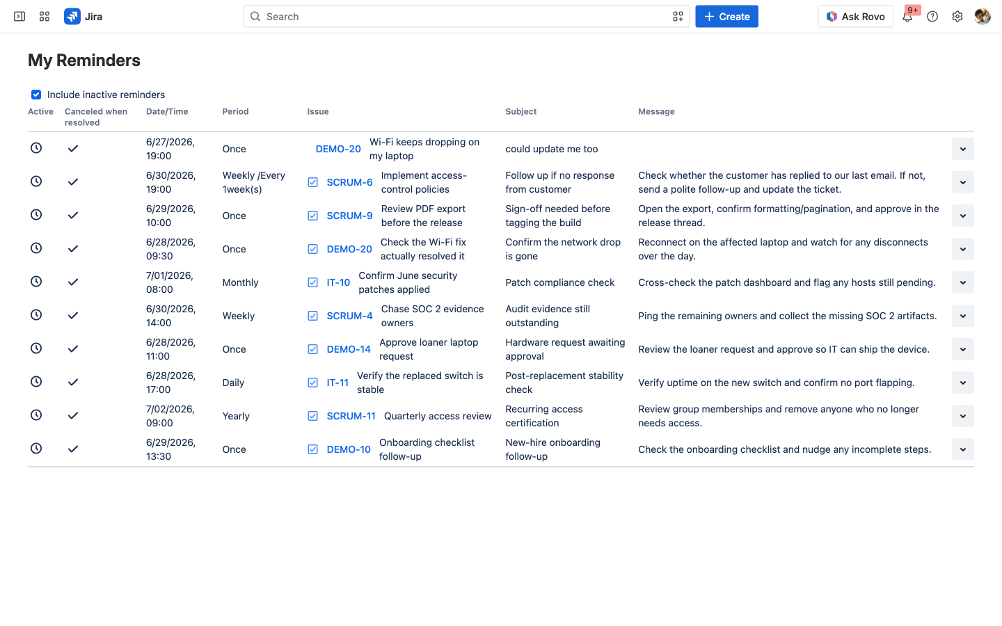 The My Reminders page listing all of a user's reminders across issues with date, period, issue, and subject columns