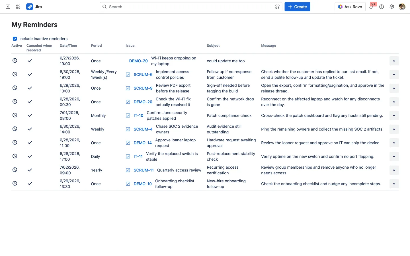 The My Reminders page listing all of a user's reminders across issues with date, period, issue, and subject columns