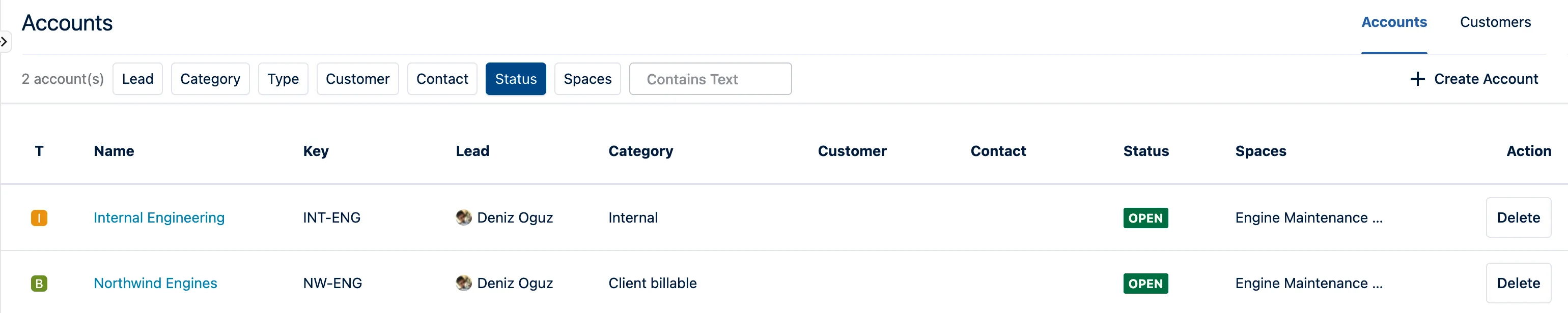 Tempo Accounts list showing two accounts: Internal Engineering (INT-ENG, category Internal) and Northwind Engines (NW-ENG, category Client billable), both linked to the Engine Maintenance Computer space