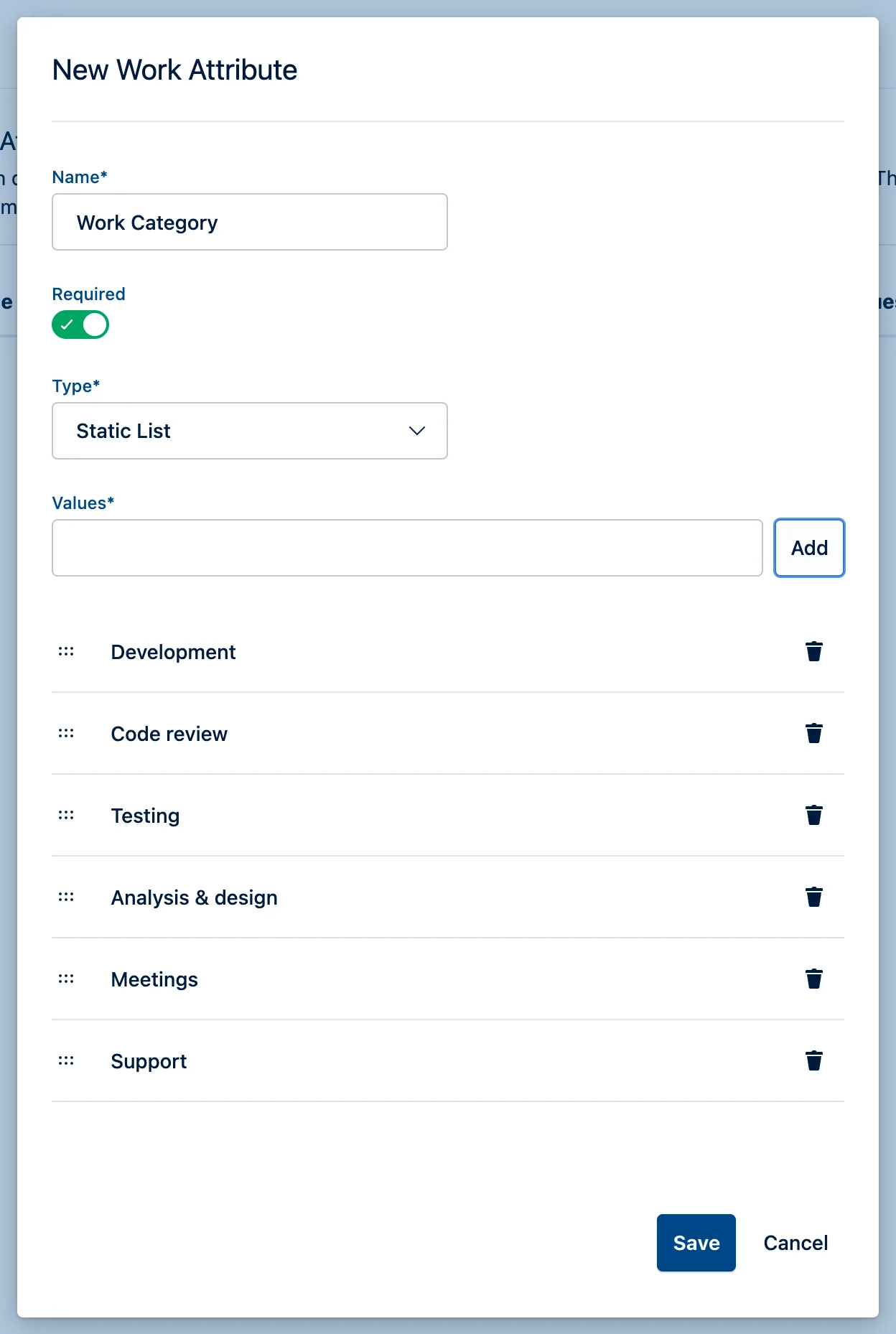 Tempo New Work Attribute dialog filled in: name Work Category, Required toggle on, type Static List, and six values Development, Code review, Testing, Analysis and design, Meetings, Support