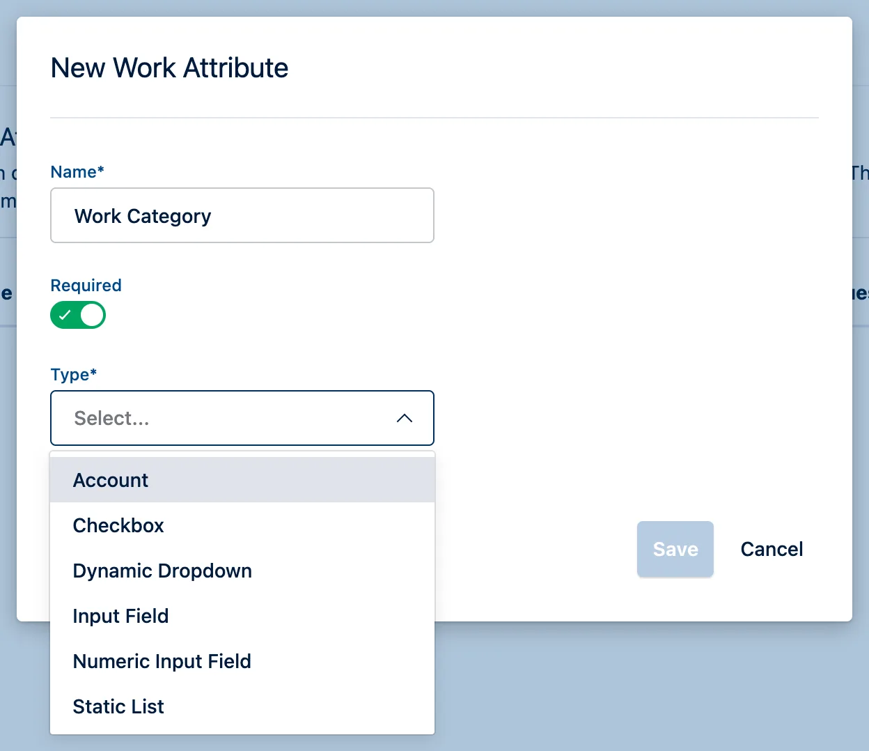 Tempo's New Work Attribute dialog with the Type dropdown open, listing Account, Checkbox, Dynamic Dropdown, Input Field, Numeric Input Field and Static List