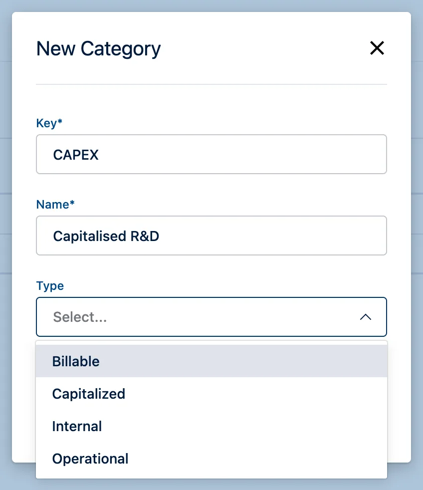Tempo's New Category dialog with the Type dropdown open, showing four options: Billable, Capitalized, Internal and Operational