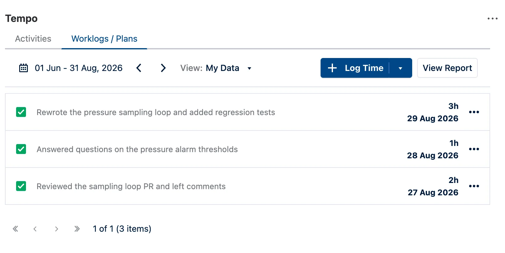 The Tempo panel on a Jira issue, Worklogs / Plans tab, listing three worklogs with their descriptions, durations and dates