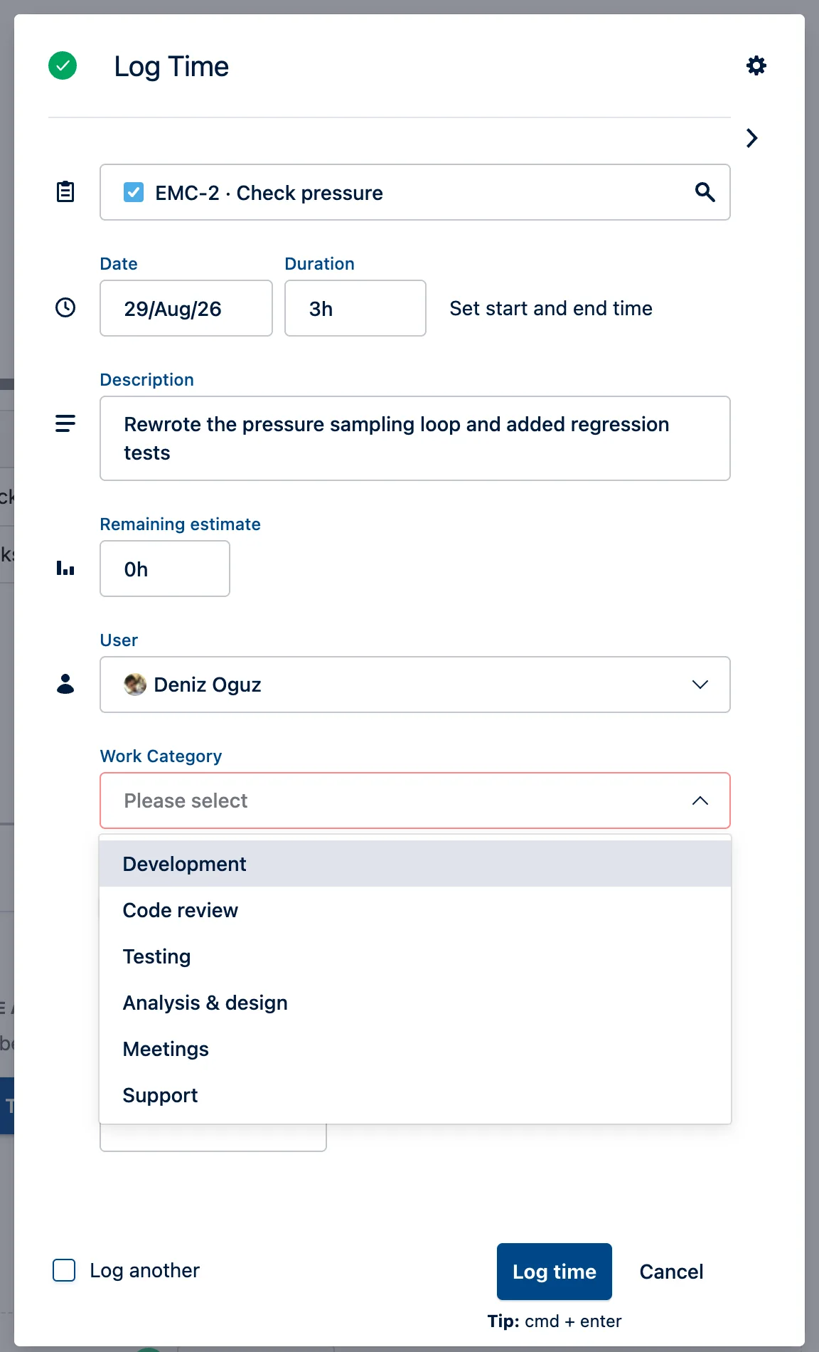 Tempo Log Time dialog for issue EMC-2 with the Work Category dropdown open, showing Development, Code review, Testing, Analysis and design, Meetings and Support