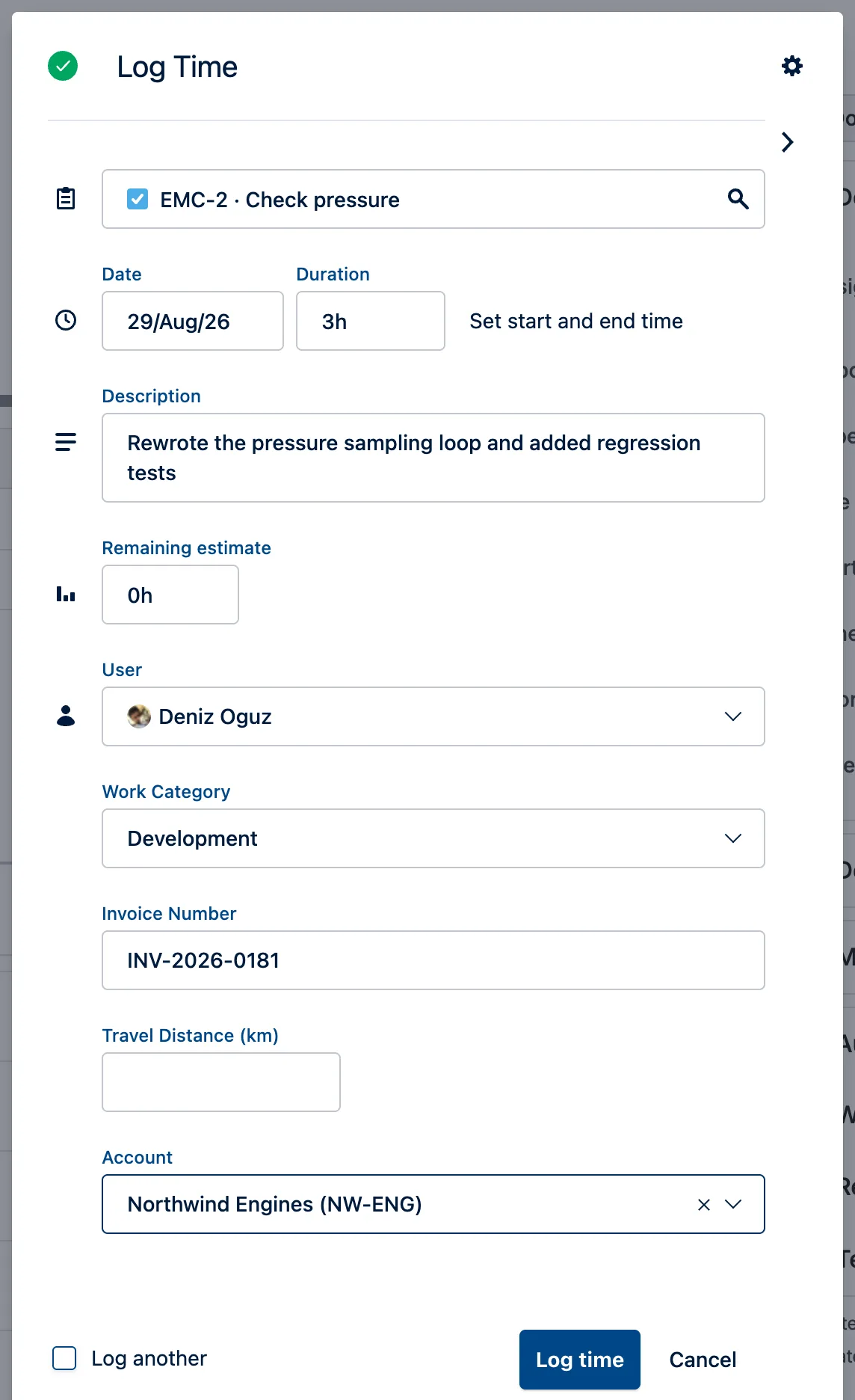Tempo Log Time dialog with all attributes filled in: Work Category set to Development, Invoice Number INV-2026-0181, an empty Travel Distance field, and Account set to Northwind Engines (NW-ENG)