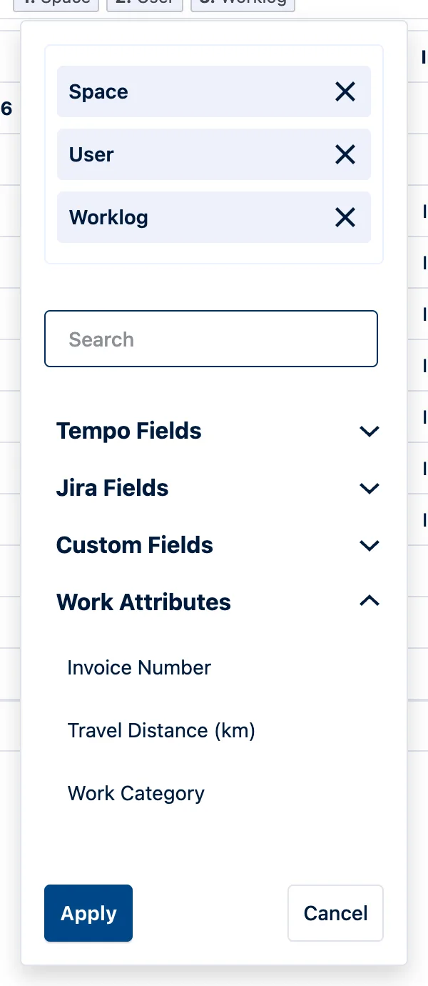 Tempo's Group By picker with the Work Attributes section expanded, listing Invoice Number, Travel Distance (km) and Work Category