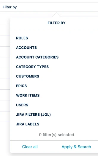 The Tempo report Filter by panel scrolled to the end of the list, showing Roles, Accounts, Account Categories, Category Types, Customers, Epics, Work Items, Users, Jira Filters (JQL) and Jira Labels, with no entry for work item type or work item type category