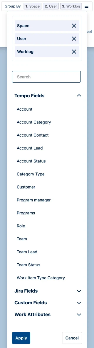 The Tempo Group By picker with the Tempo Fields section open, listing Account, Account Category, Account Contact, Account Lead, Account Status, Category Type, Customer, Program manager, Programs, Role, Team, Team Lead, Team Status and Work Item Type Category