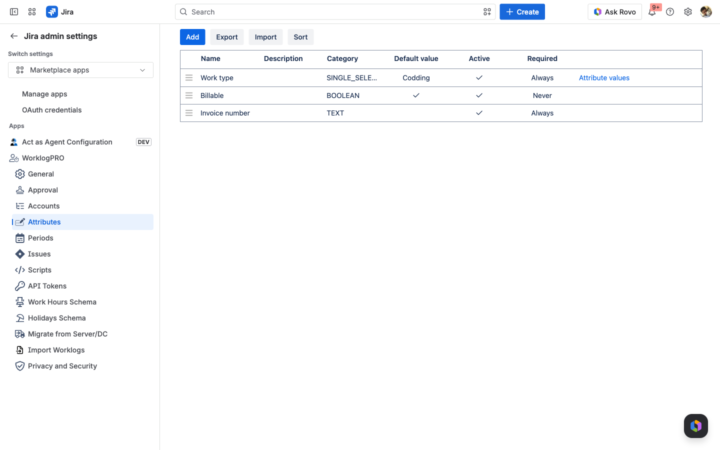 WorklogPRO admin Attributes page listing Work type, Billable, and Invoice number with their category, default value, active, and required columns