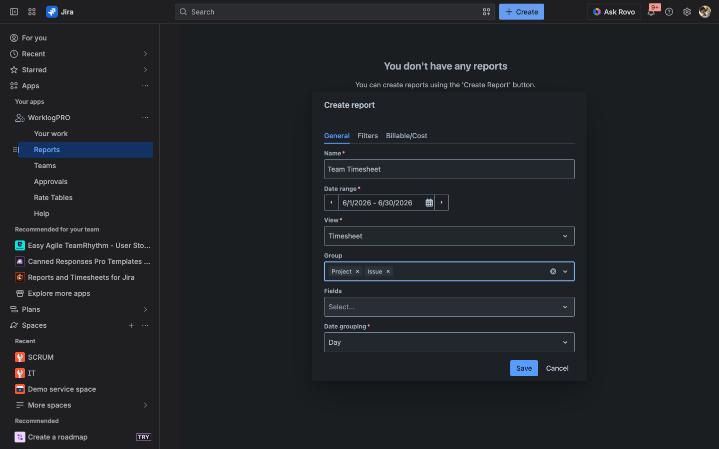The WorklogPRO Create Report dialog showing the General tab with name, date range, and grouping