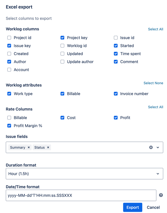 WorklogPRO Excel export dialog: choose worklog columns, worklog attributes, and rate columns (Billable, Cost, Profit, Profit Margin) plus duration and date format