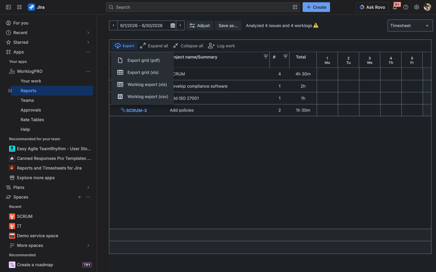 Exporting a WorklogPRO report to PDF, Excel, or CSV