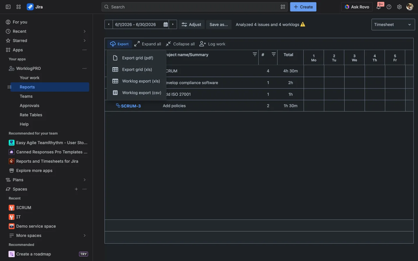 Exporting a WorklogPRO report to PDF, Excel, or CSV