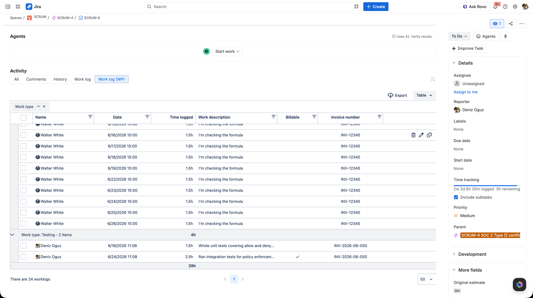 An issue's Work log (WP) tab with worklogs grouped by the Work type attribute via drag-and-drop, showing Codding and Testing groups with totals