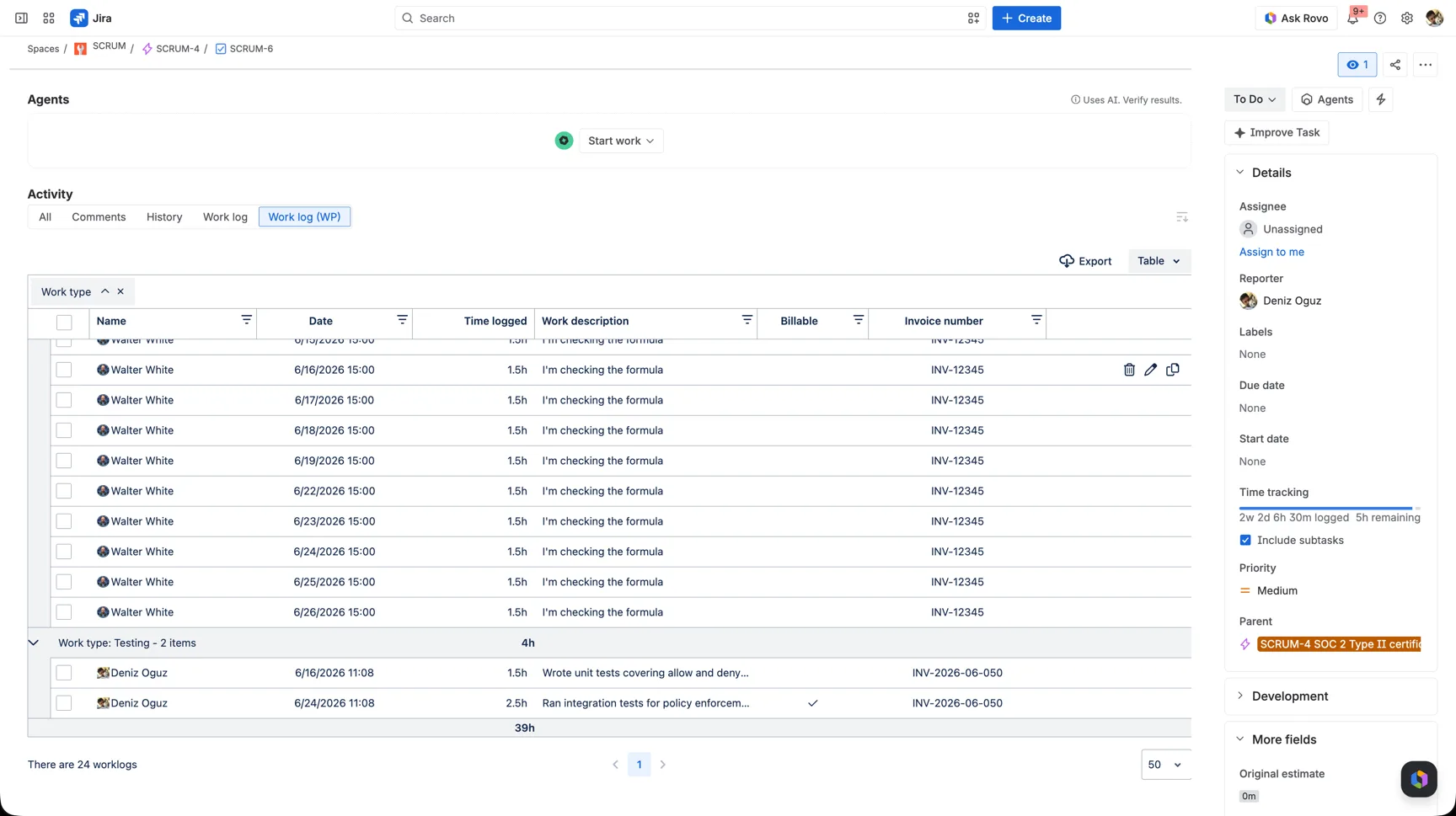 An issue's Work log (WP) tab with worklogs grouped by the Work type attribute via drag-and-drop, showing Codding and Testing groups with totals