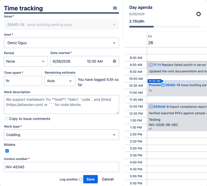 WorklogPRO Log Work dialog with Work type, Billable, and Invoice number custom attributes