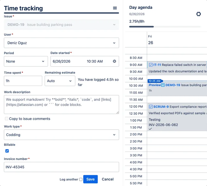WorklogPRO Log Work dialog showing time, description, and custom attributes: Work type, Billable, and Invoice number