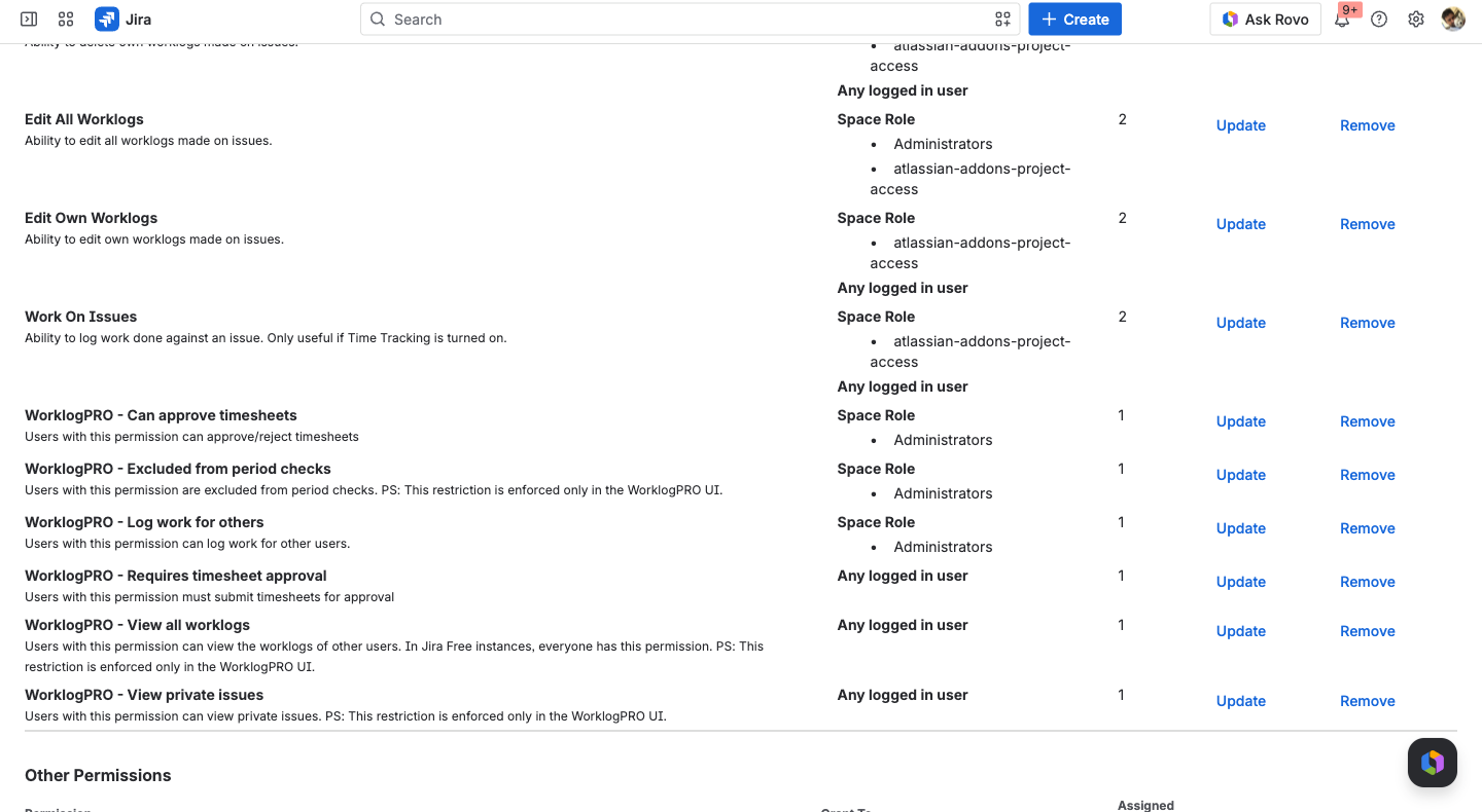 Jira permission scheme listing WorklogPRO project permissions: Can approve timesheets, Requires timesheet approval, Log work for others, Excluded from period checks, View all worklogs, View private issues