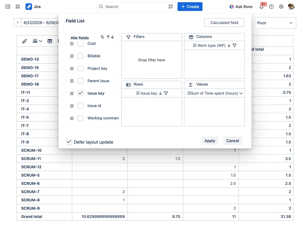 WorklogPRO Pivot view with a Work type attribute used as the column dimension