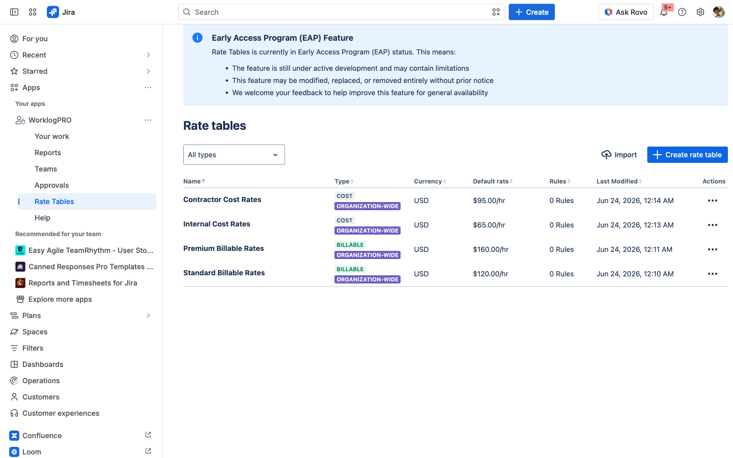 WorklogPRO Rate Tables page listing billable and cost rate tables with their currency and default rate