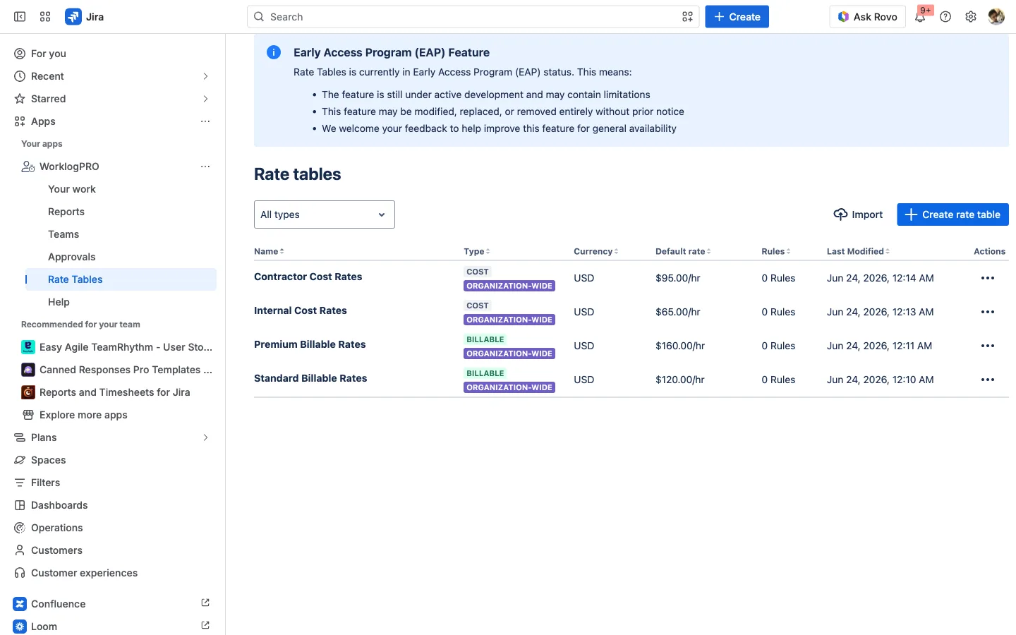 WorklogPRO Rate Tables page listing billable and cost rate tables with their type, currency, and default rate