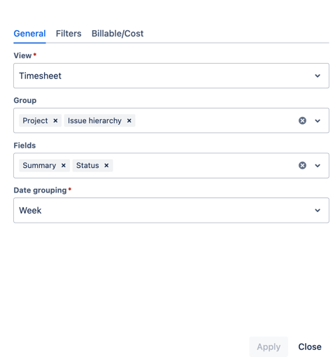 WorklogPRO Create Report dialog grouping by Project and Issue hierarchy, with Summary and Status fields and a weekly grain