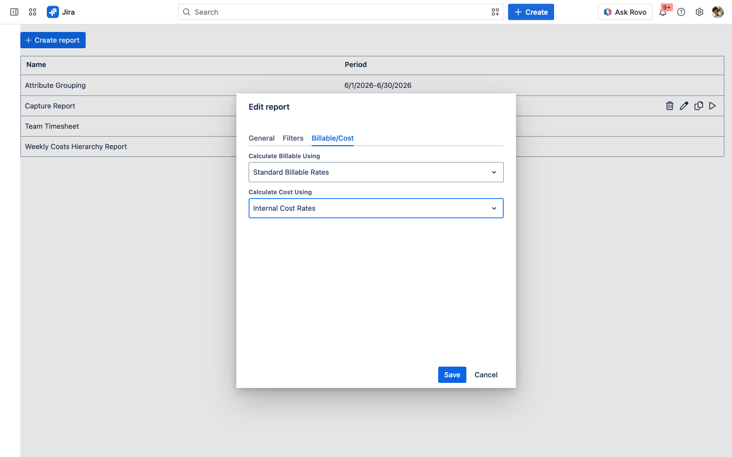 WorklogPRO Billable/Cost tab with a billable rate table and a cost rate table selected