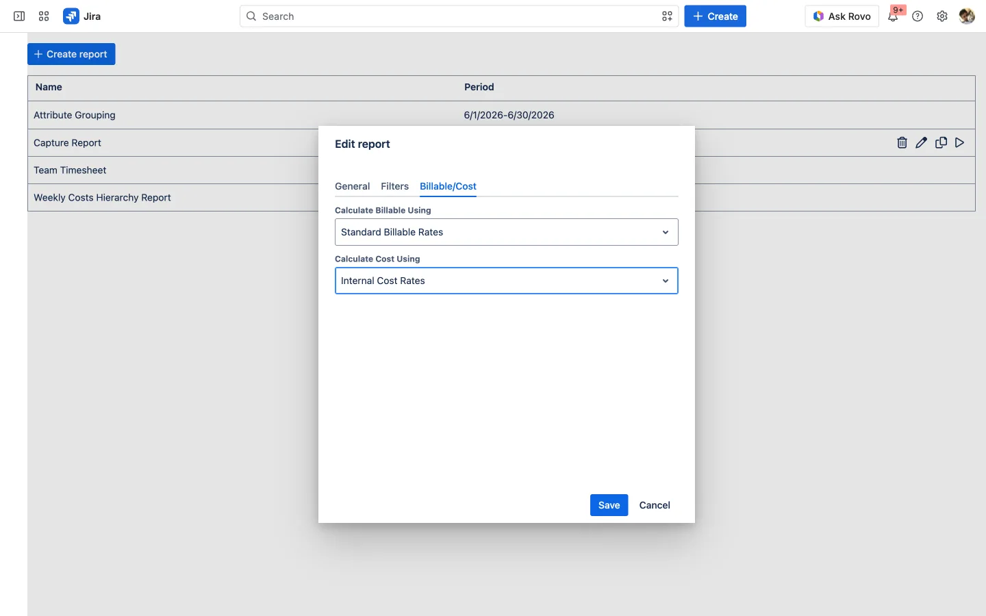 WorklogPRO Billable/Cost tab with a billable rate table and a cost rate table selected