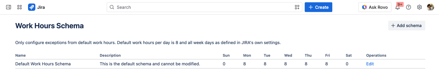 WorklogPRO Work Hours Schema with daily target hours configured