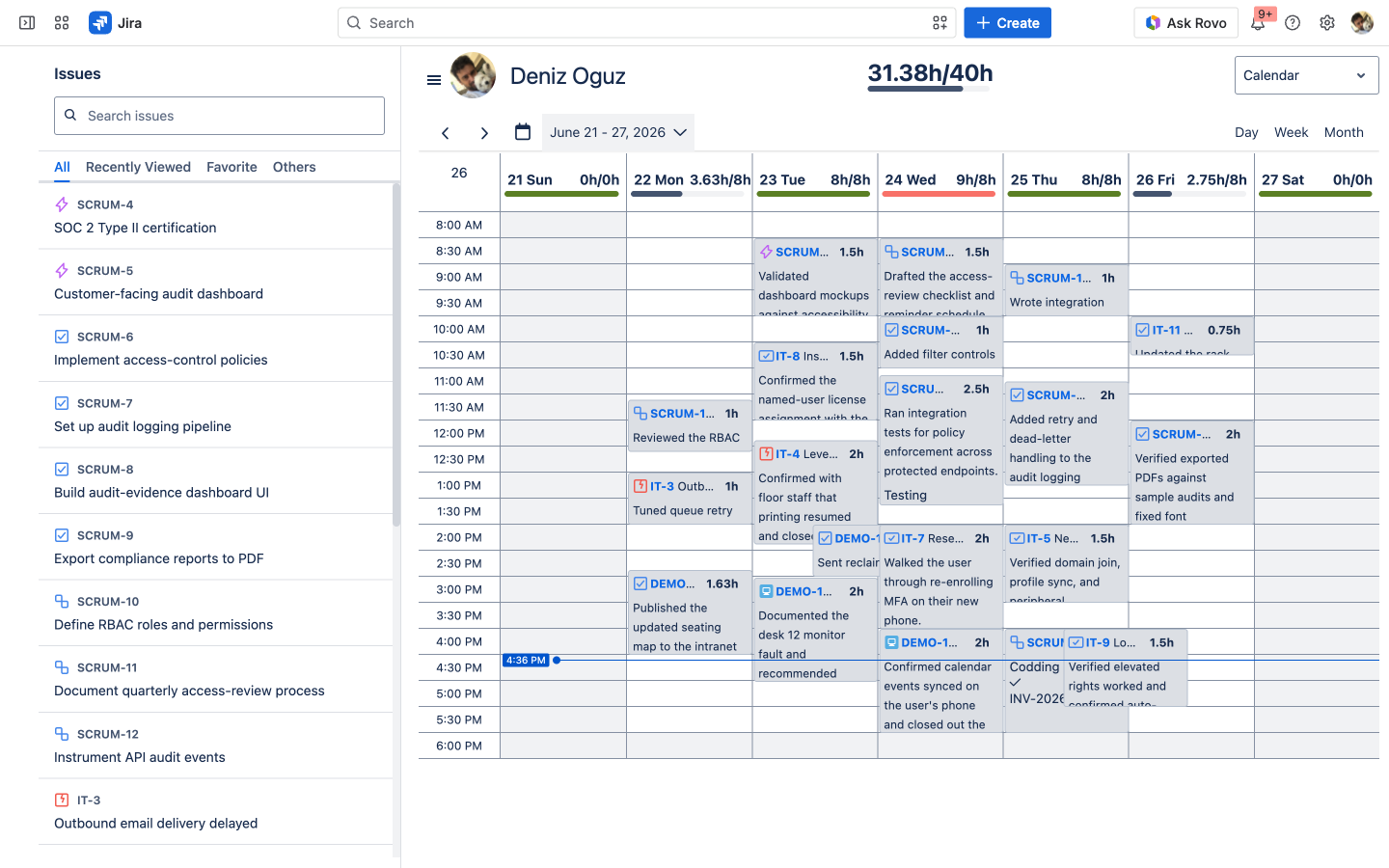 WorklogPRO Work Calendar showing 31.38h of a 40h week, with each day's logged hours against its target