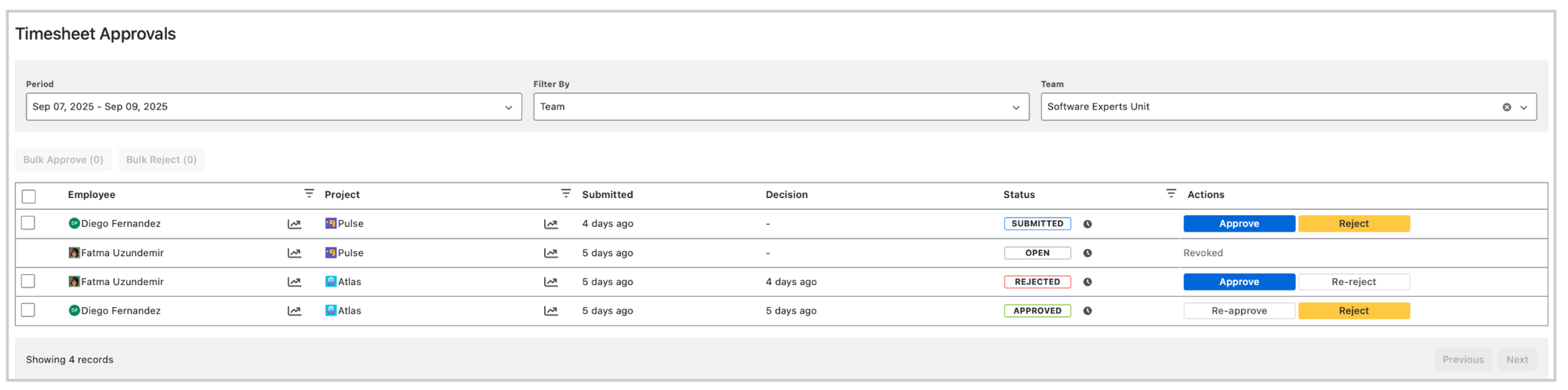 WorklogPRO Timesheet Approvals page with per-project Approve and Reject actions