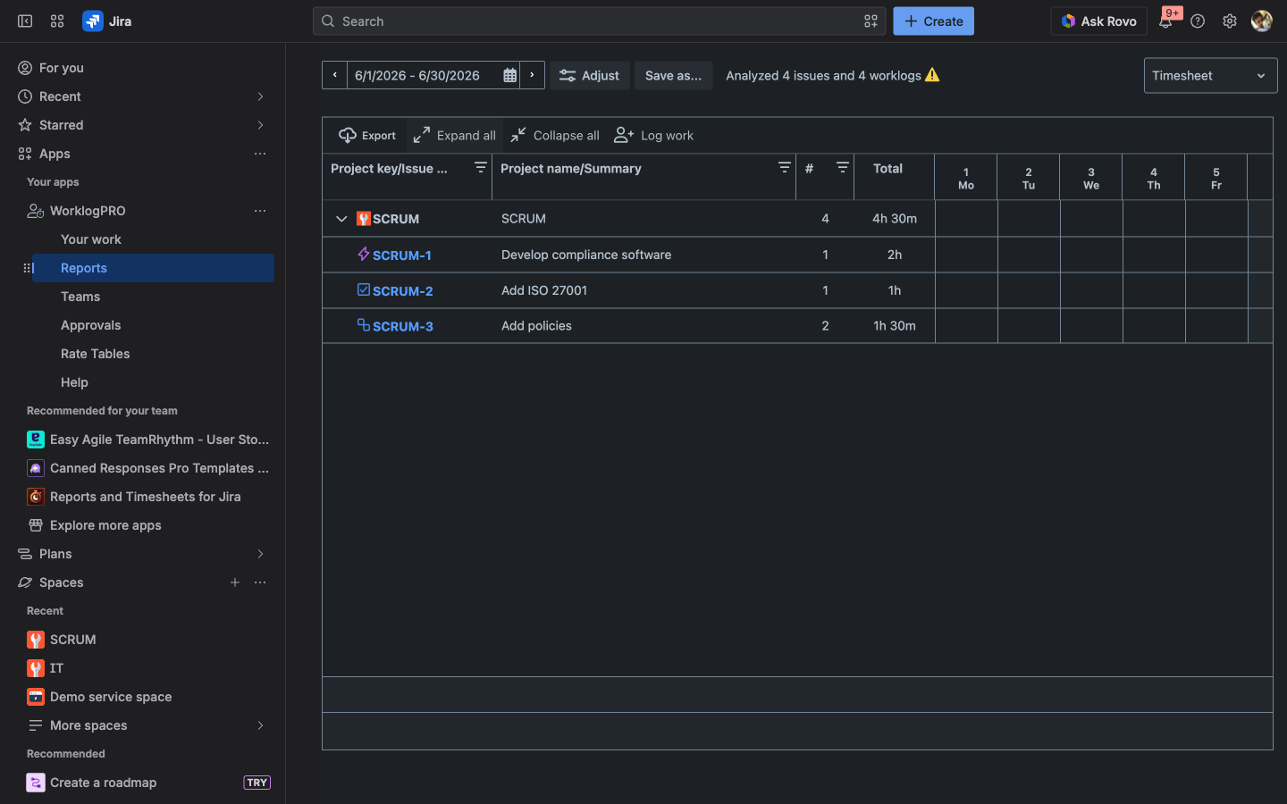 WorklogPRO Timesheet view showing hours grouped by project and issue with daily totals