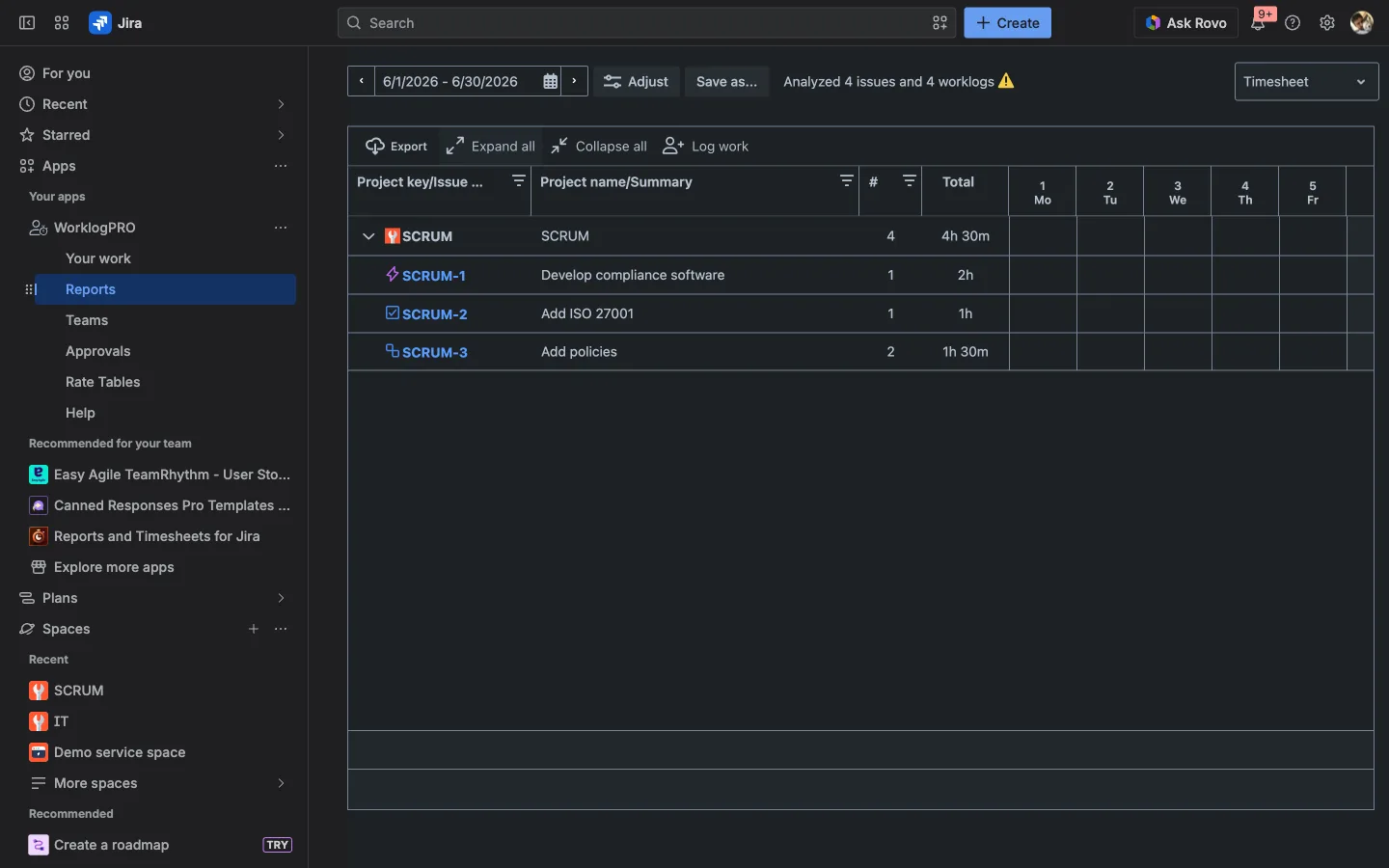 WorklogPRO Timesheet view showing hours grouped by project and issue with daily totals