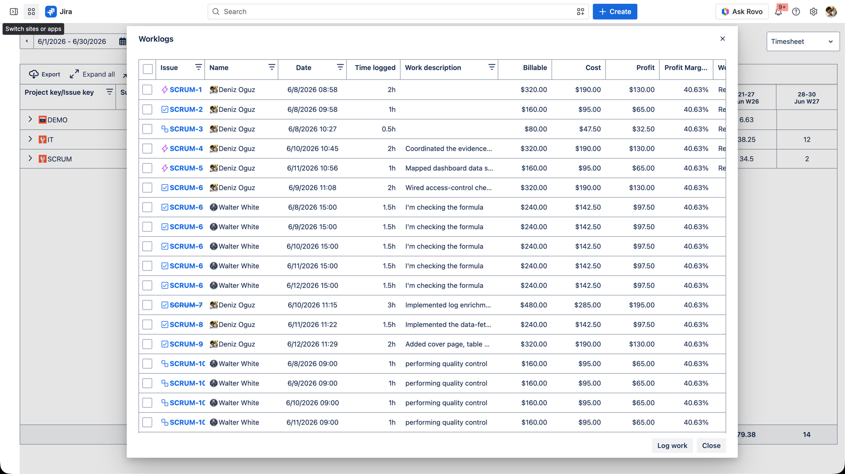 WorklogPRO Worklogs ledger listing individual entries with Billable, Cost, Profit, and Profit Margin per line