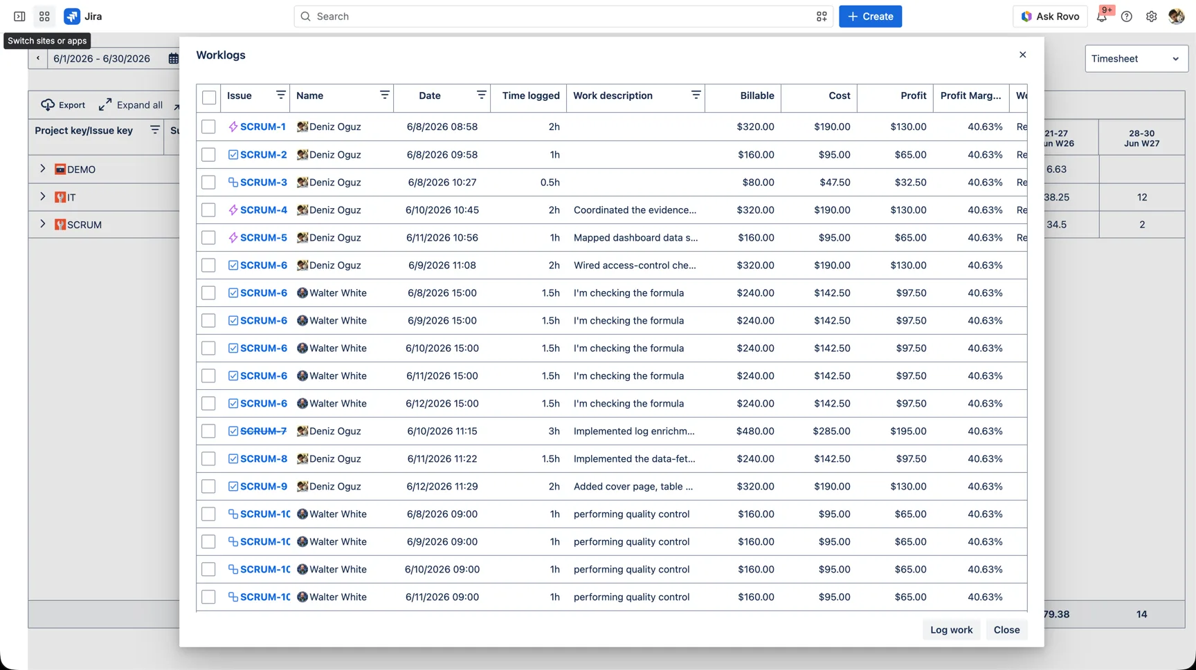 WorklogPRO Worklogs ledger listing individual entries with Billable, Cost, Profit, and Profit Margin per line